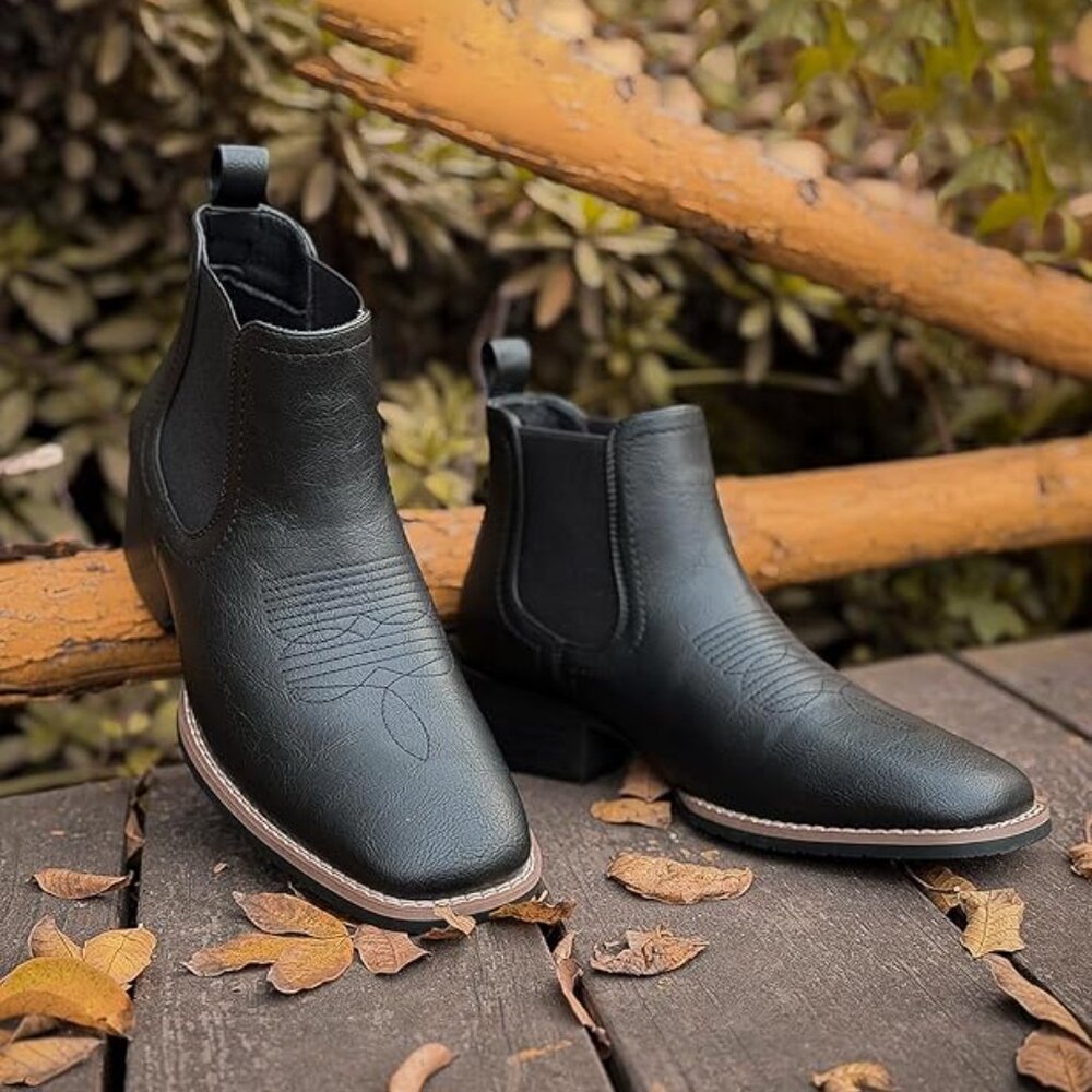 NEW! Mens Western Ankle Boot Slip On Casual Dress Boot-BLACK